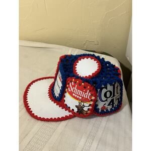 Vtg Crochet Knit Handmade Beer Can Hat 70's Schlitz Hamms Colt 45 Schmidt Bud